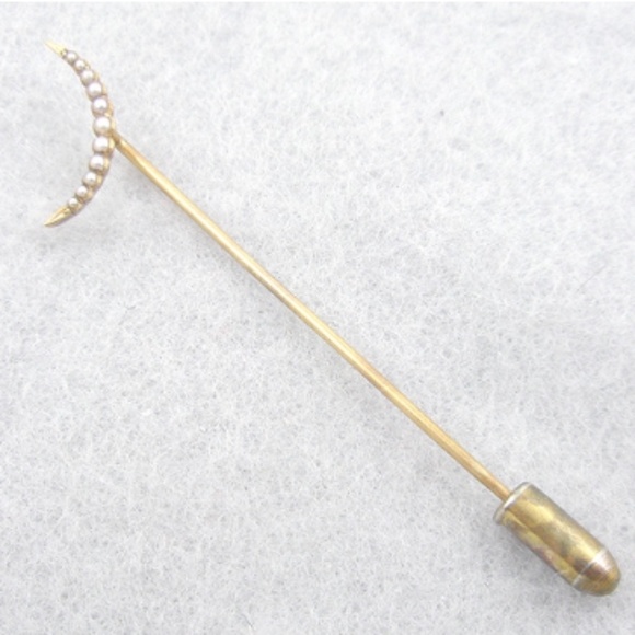 Victorian Pearl Crescent Moon 14K Gold Stick Pin